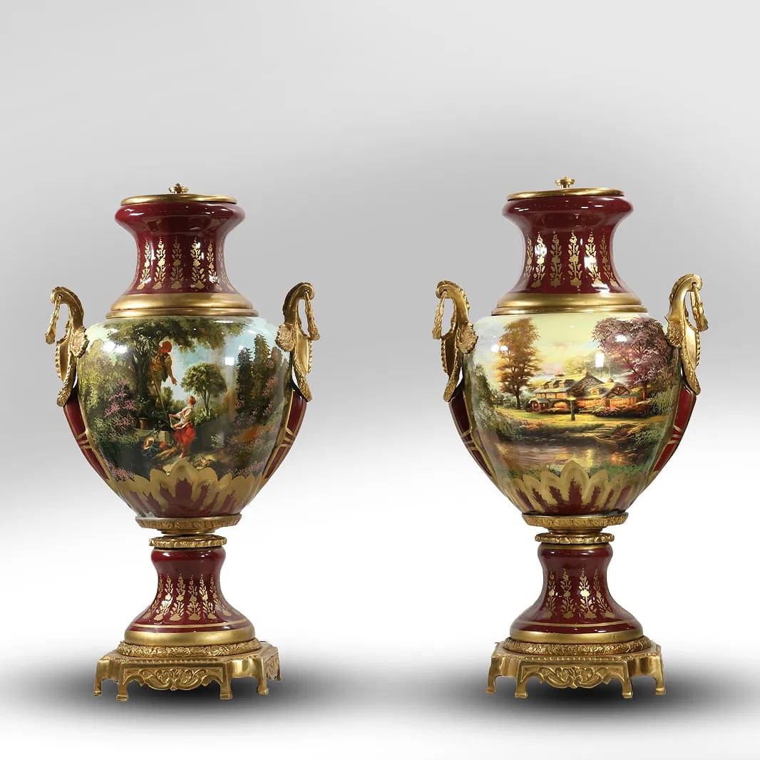 Pair of Large Porcelain Urns with Bronze Gilt Mounts and Transfer Scenic Panels on Ruby Red (1 of 20)