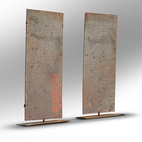 [2] Rare Signed "M G", Mathias Goeritz Large Iron Panel Sculptures Free Standing on Bases 61 in.