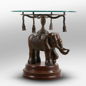 Maitland Smith Bronzed Wood Elephant Glass Table, Glass Top , 26 in. height x 26 in. wide