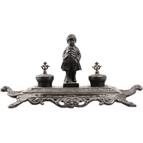 Maitland Smith Bronze Desktop Double Inkwell with Figure of Boy in Winter Clothing 19.5 in. length