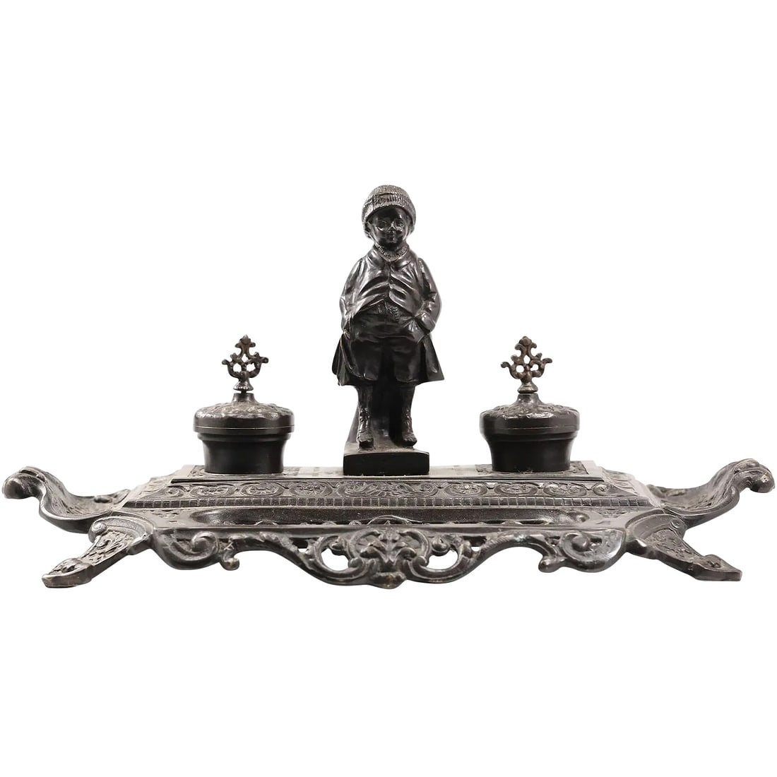 Maitland Smith Bronze Desktop Double Inkwell with Figure of Boy in Winter Clothing 19.5 in. length (1 of 17)
