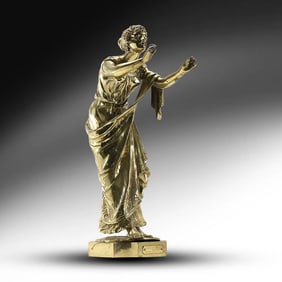 Edouard Drouot [1859-1945 France], Bronze Art Nouveau Woman Sculpture "Joueuse de Pipeaux"