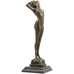 Signed Philips, Art Deco Bronze Sculpture Nude Woman titled "Le Réveil" (The Awakening) 16.5 in. h.