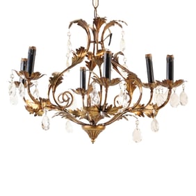 Italian Hollywood Regency Gilt Metal and Crystal Six Light Chandelier