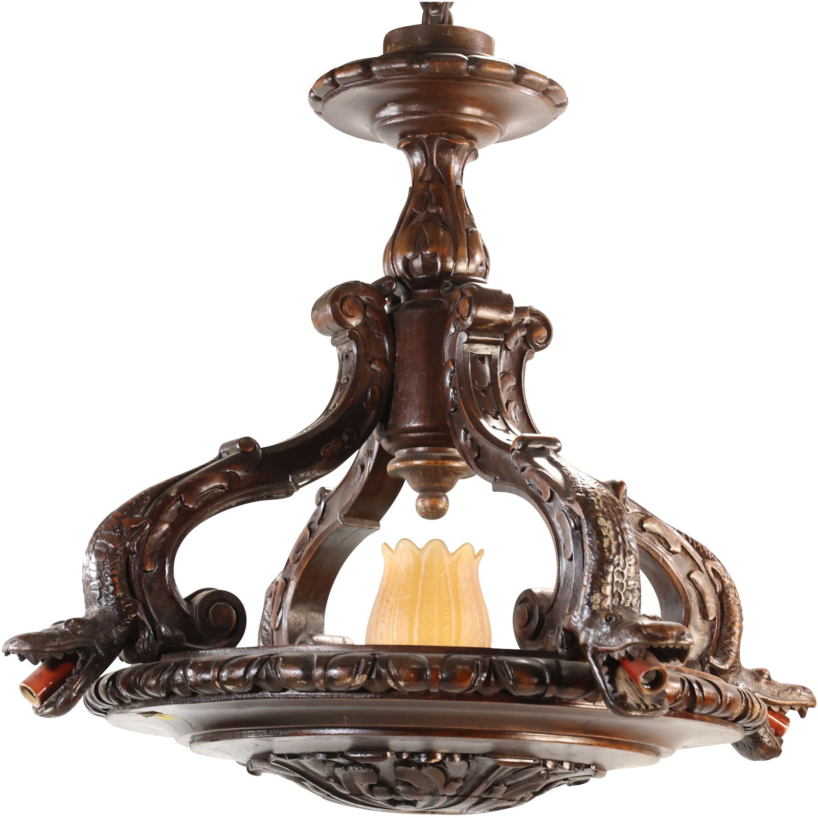 Unusual 1920's French Art Deco Carved Wood "Alligator" Chandelier. 28 in. diameter: Unusual 1920's French Art Deco Carved Wood "Alligator" Chandelier. 28 in. diameter. size: 24 h 28 w