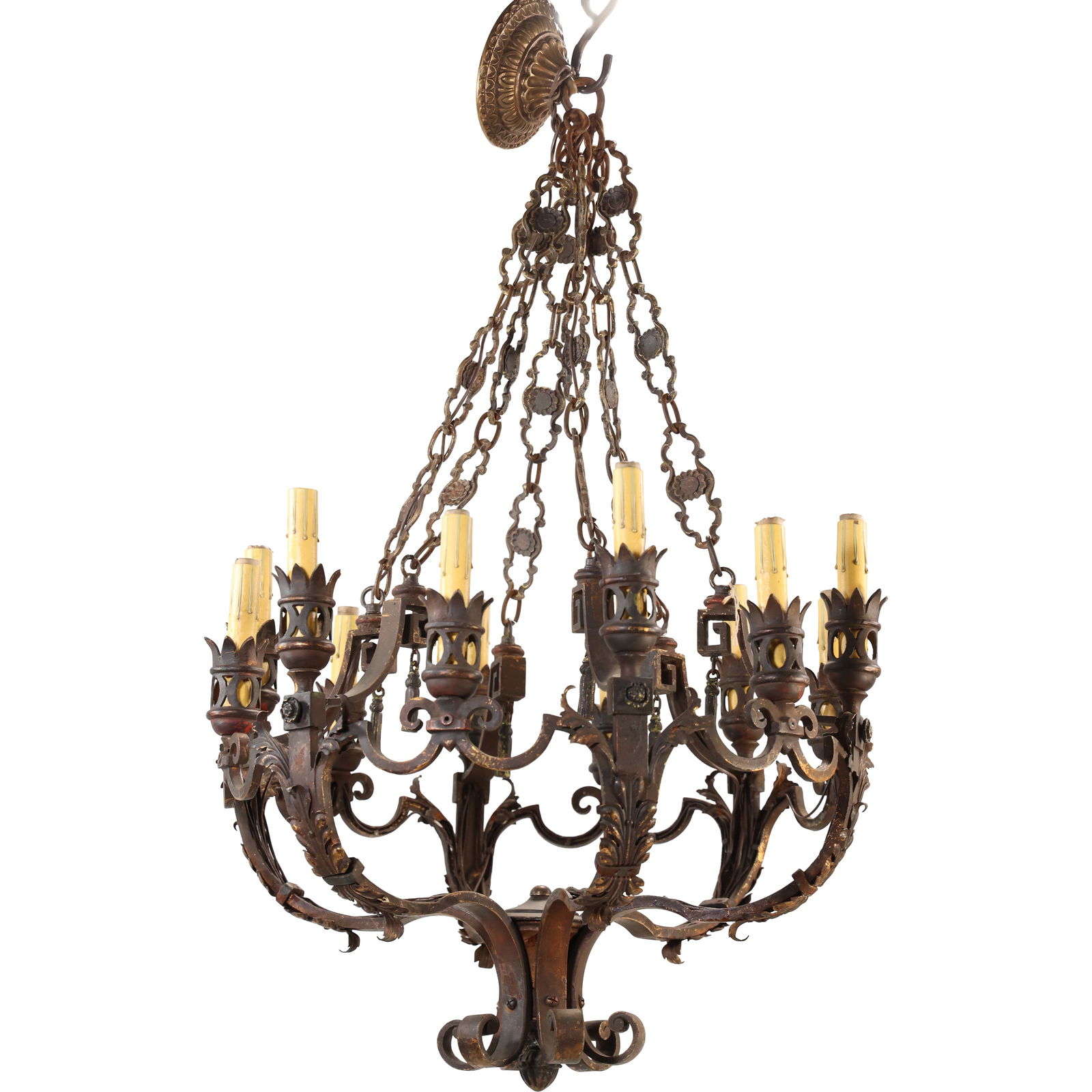 Antique French Gothic Metal 12-Light Electric Candlelight Chandelier 33 in. height x 23 in. diameter: Antique French Gothic Metal 12-Light Electric Candlelight Chandelier 33 in. height x 23 in. diameter. size: 33 h 23 w