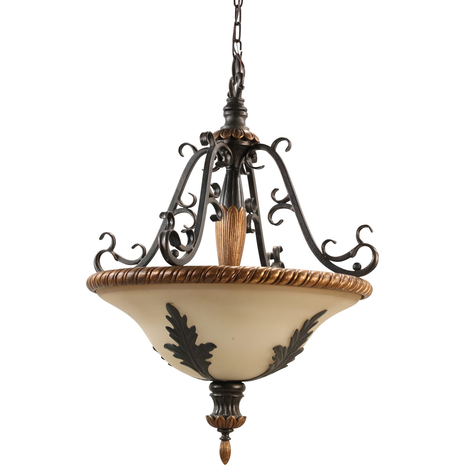 basket chandelier with cut sandblasted glass and decorative acanthus leaf motifs. 23 in. diameter: basket chandelier with cut sandblasted glass and decorative acanthus leaf motifs. 23 in. diameter. size: 23 w 28 h before chain