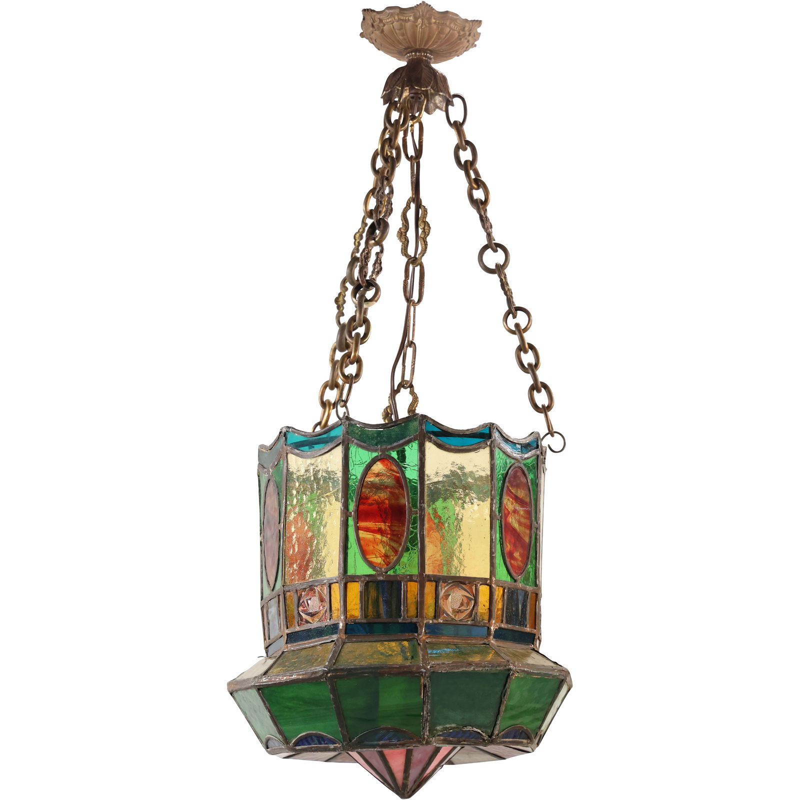Antique Victorian Art Nouveau Stain Glass Leaded Pendant Hanging Fixture - Colorful (1 of 18)