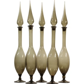 Set of 5 Tall Balboa Italian Long Necked Venetian Smoked Glass Decanters