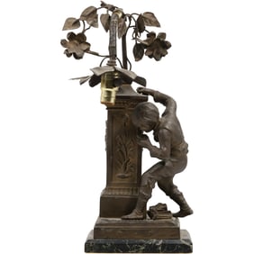 Terville Juan French Patinated Metal Figural Lamp Boy at Fountain