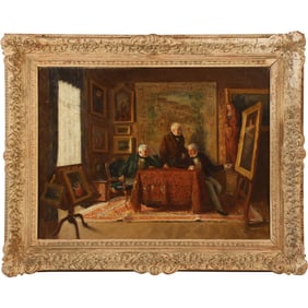 Ludwig Valenta [1882-1943 Austria] Relined Oil on Canvas Interior Scene with Art Collectors