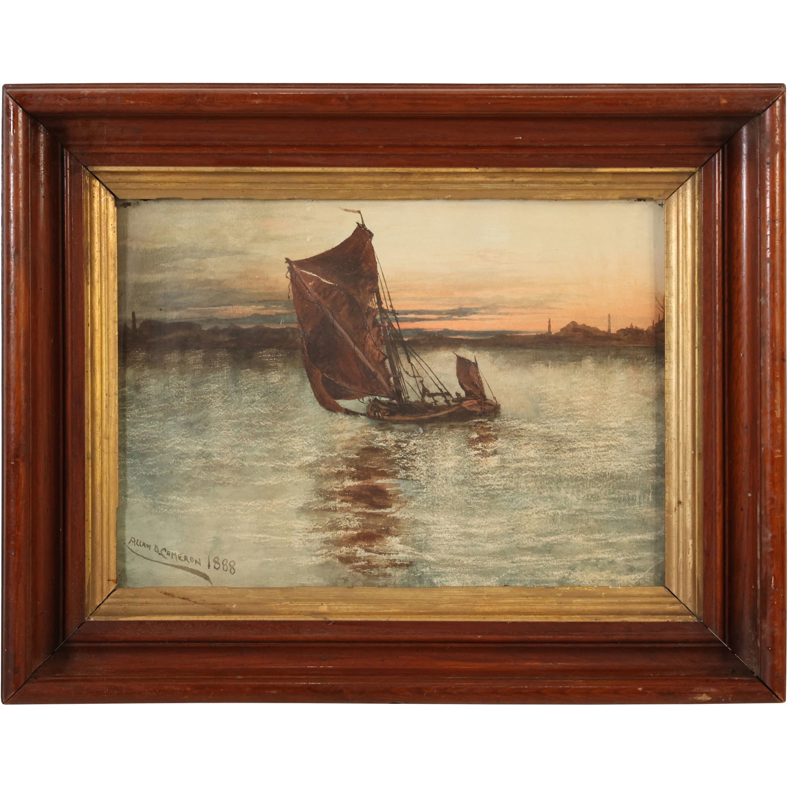 Allan B Cameron 1888 Watercolor Painting of a Sailboat at Sunset Maritime Scene, Signed Framed.: Allan B Cameron 1888 Watercolor painting of a ship at sea, Signed, Framed. The painting depicts a nautical landscape at sunset, featuring a sailboat with muted hues contrasted with vibrant highlights.