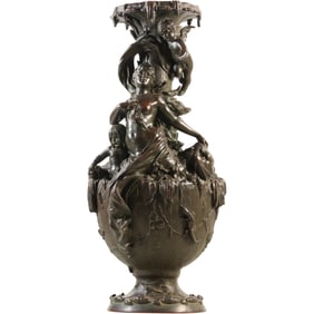 ALOIS MAYER (1855 - 1936) German, Bronzed Copper Sculpted Floor Urn with Nymph and Cherub Reliefs