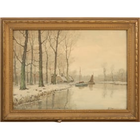 Reinhardt Heinemann (1895 - 1967) German, Fine Watercolor Painting Winter Lake Scene