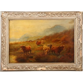 J.T. HUGHES, Dumont NJ, 19th C. Oil on Canvas Painting Cattle Titled "Highland Rovers" , Framed