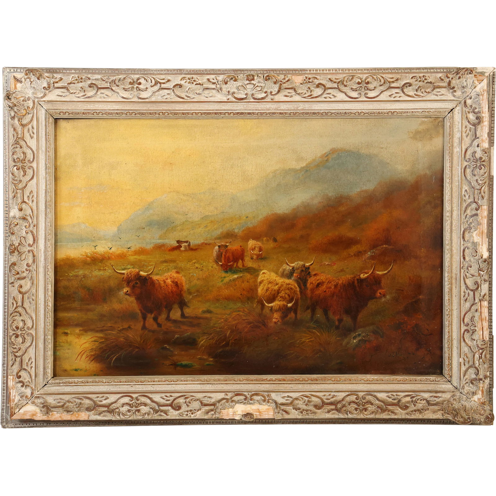 J.T. HUGHES, Dumont NJ, 19th C. Oil on Canvas Painting Cattle Titled "Highland Rovers" , Framed (1 of 17)
