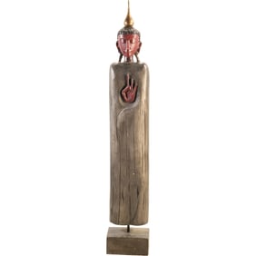 44 inches tall wooden standing Buddha statue, carved, reddish-faced Buddha head and hands