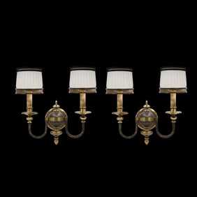 Pair Large Vintage Brass 2-Light Wall Sconces with White Linen Fold Glass Shades 13.5 in. x 19 in.