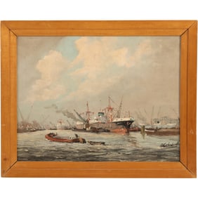 Vintage Oil Painting "Ships at a Bustling Port", Artist Signed Illegible, Writing on Verso, Framed