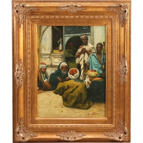 Painted Orientalist-style framed plaque, signed "N. Bingham", Framed