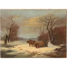 19th C Oil on Canvas Painting Timber Wagon in the Snow Attributred to Belgian artist Alexis de Leeuw