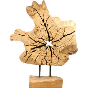 natural teak wood root slice sculpture on a stand. 30 inches hreight x 24 inches wide