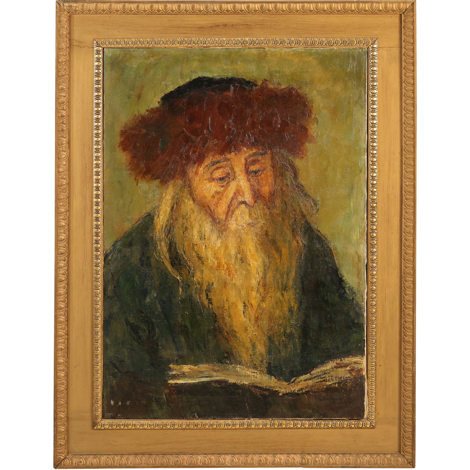 Signed Weintraub, Vintage Oil on Canvas Painting Rabbi Reading Book of Scripture, Framed (1 of 15)
