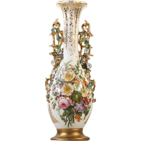 Monumental 19th C. OLD PARIS Frrench Porcelain Vase 34 inches Height, Hand Painted Flowers, Birds