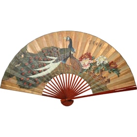 large, hand-painted Chinese folding wall fan, featuring a peacock and floral design 39.5 in. x 72 in