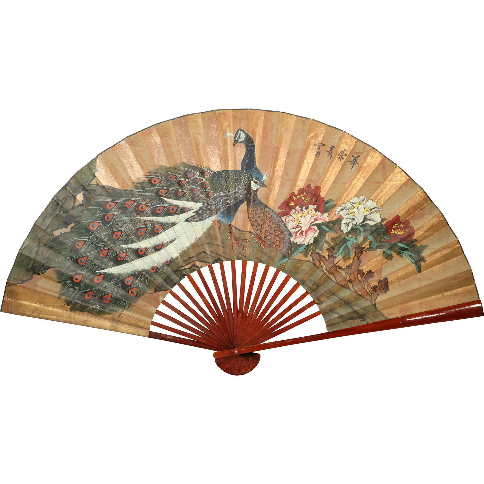 large, hand-painted Chinese folding wall fan, featuring a peacock and floral design 39.5 in. x 72 in (1 of 20)