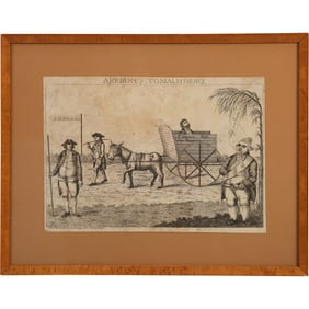 19th C. British cartoon print titled "A Journey to Malmsbury". Framed
