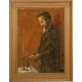 Signed Weintraub, Vintage Oil on Canvas Painting Rabbi Lighting an Oil Lamp, Framed