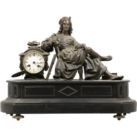 Large Quality 19th C. Antique French Figural mantel clock, Bronze and Marble, Scholar Figure