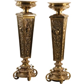 Matching Pair of Antique Brass in Relief Renaissance Revival Pedestals