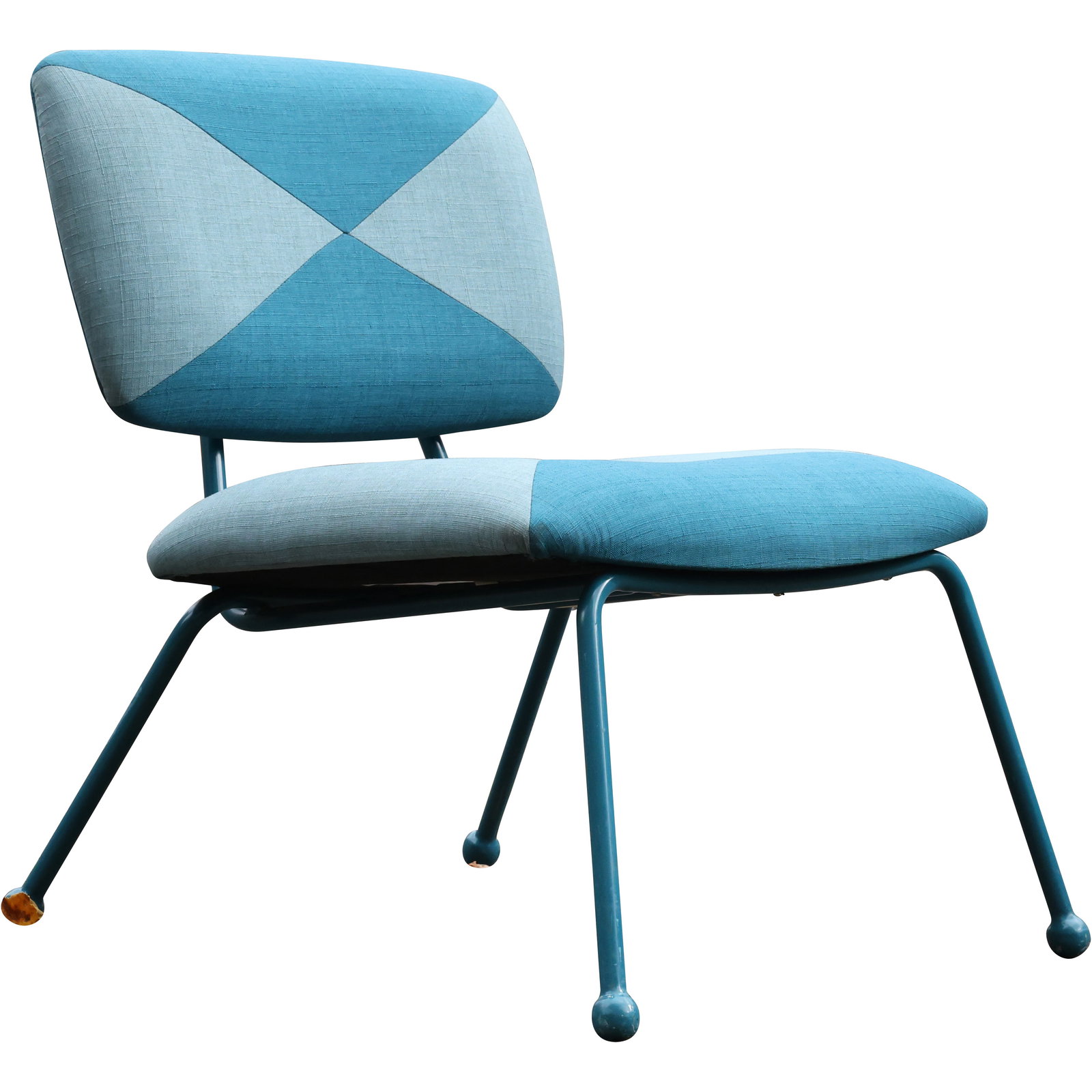 Now House by Jonathan Adler Matteo Mid Century Modern Accent Chair. 2-Tone Blue: Now House by Jonathan Adler Matteo accent chair featuring a geometric two tone blue upholstered seat and backrest on a color matched powder coated metal frame. The chair showcases a diamond pattern de