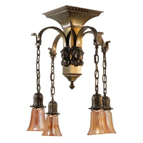 Art Nouveau 4-Light Brass Arts and Crafts Chandelier with Female Busts and Ornate Chain Detail