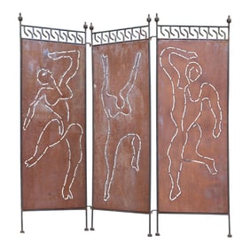 3-Panel Garden Folding Screen in Metal with Cut-out Silouette Dancing Figures, Modernism