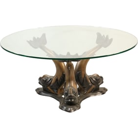 Modernist Bronze Three Dolphin Base Round Glass Top Coffee Table 18 in. h. x 36 in. dia. top