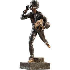 Large Bronze sculpture titled "The Paper Boy" by the artist Dominique Alonzo, 35 inches height