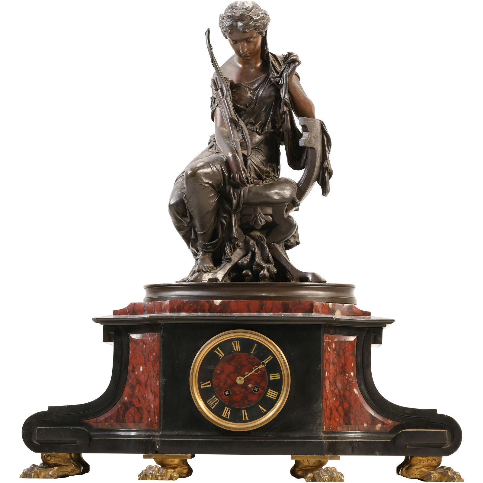 High Quality Japy Freres Antique Bronze Classical Figural Clock, Black and Rose Marble Case (1 of 18)