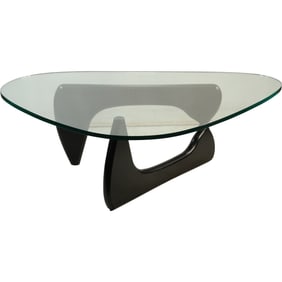 Noguchi Coffee Table, designed by Isamu Noguchi, featuring a glass top, black lacquered base