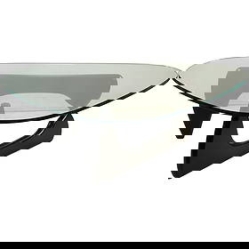 Noguchi Coffee Table, designed by Isamu Noguchi, featuring a glass top, black lacquered base: Noguchi Coffee Table, designed by Isamu Noguchi, featuring a glass top and a black lacquered solid wood base. Shaped Glass Top all good, no chips. size: 16h 50w No visible signature