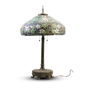 Quality Large Tiffany Style "Gentian" flared table lamp,  floral Gentian flower stalks 22 in. dia.