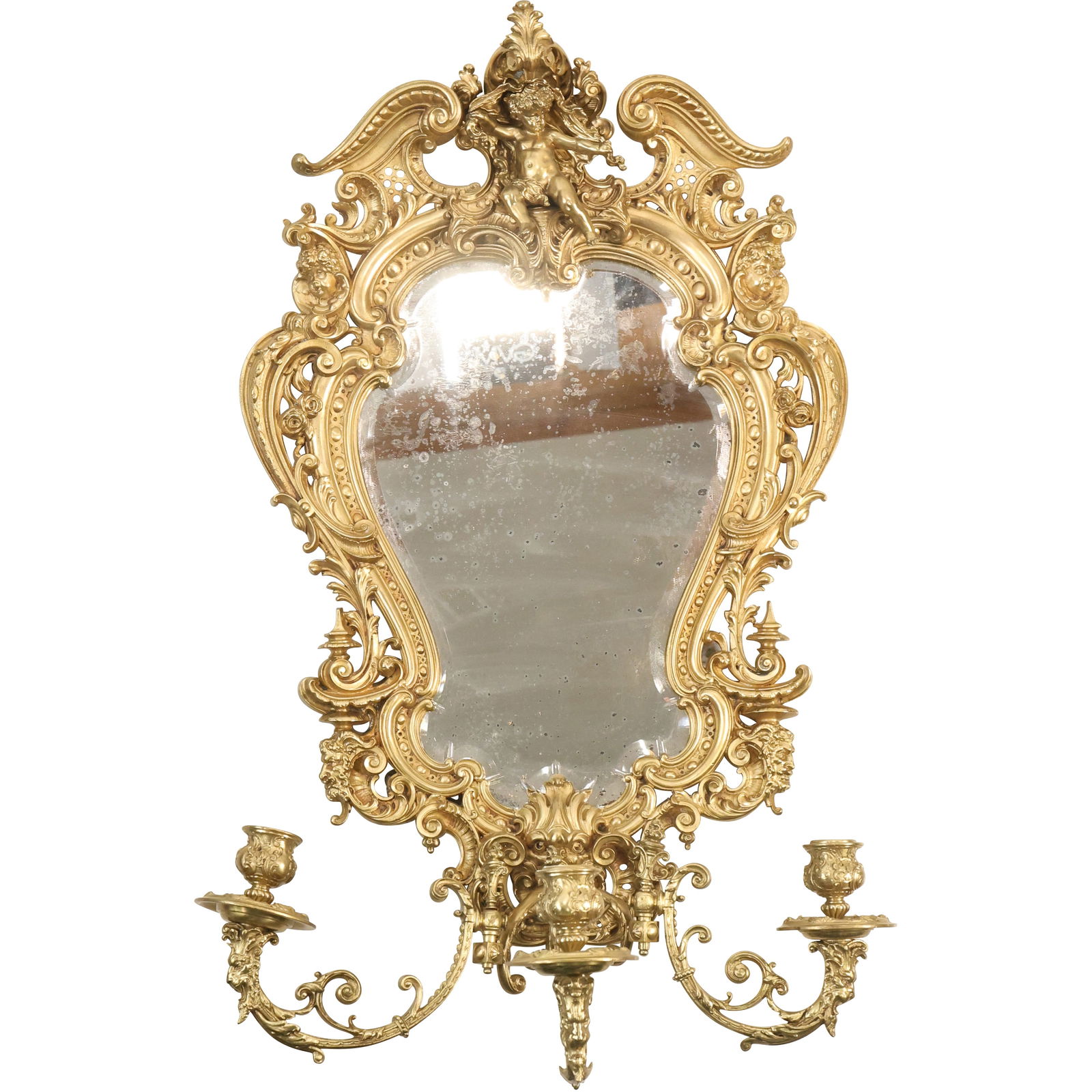 Antique French Gilt Bronze Rococo-Style Girandole Mirror with Candle Holders (1 of 20)
