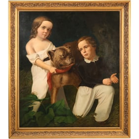 Joseph Goodhue Chandler (1813–1884) Attributed Oil on Canvas Portrait of Children and Dog