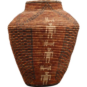 antique Southwestern Native American coiled basket, possibly an Apache or Yavapai olla (jar) 32 in.