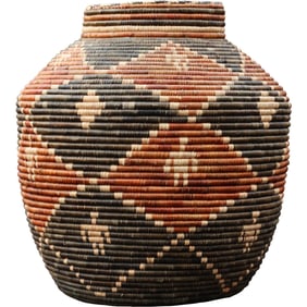 handwoven olla-style basket, associated with Southwestern Native American craftsmanship. 27 in, h.