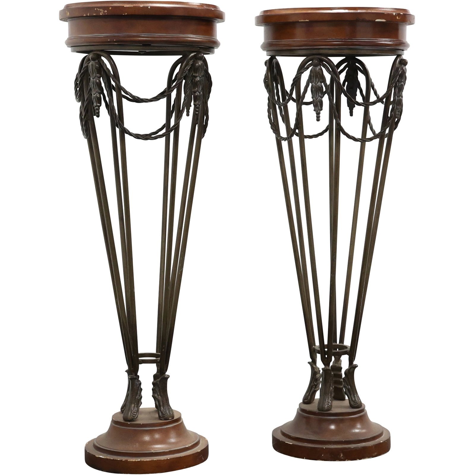 Pair of Matching Neoclassical Iron Entrance Pedestals / Fern Stands with Draped Motifs: Matched Pair Iron with Wood Top and Base Entrance Pedestals / Fern Stands 41 inches height. size: 41 h 14.5 w