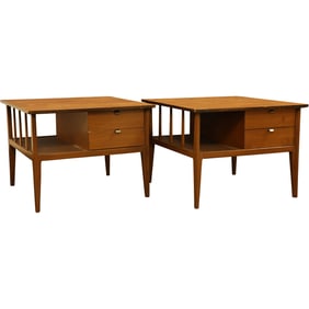 Pair mid-century modern walnut end tables with 2 drawers and tapered legs. 21 in. x 28 in. x 28 in.
