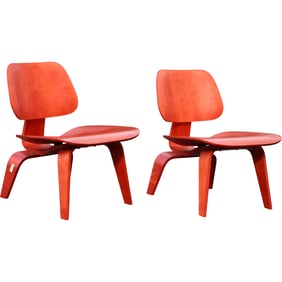 Pair Herman Miller Eames Molded Plywood Wood Base Lounge Chair in Red Ash, Original Labels
